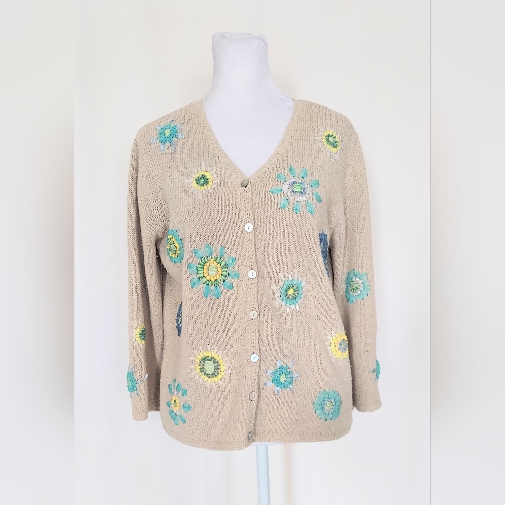 Northern Isles Linen Silk Button Front Embroidered Cardigan Sweater Size Medium